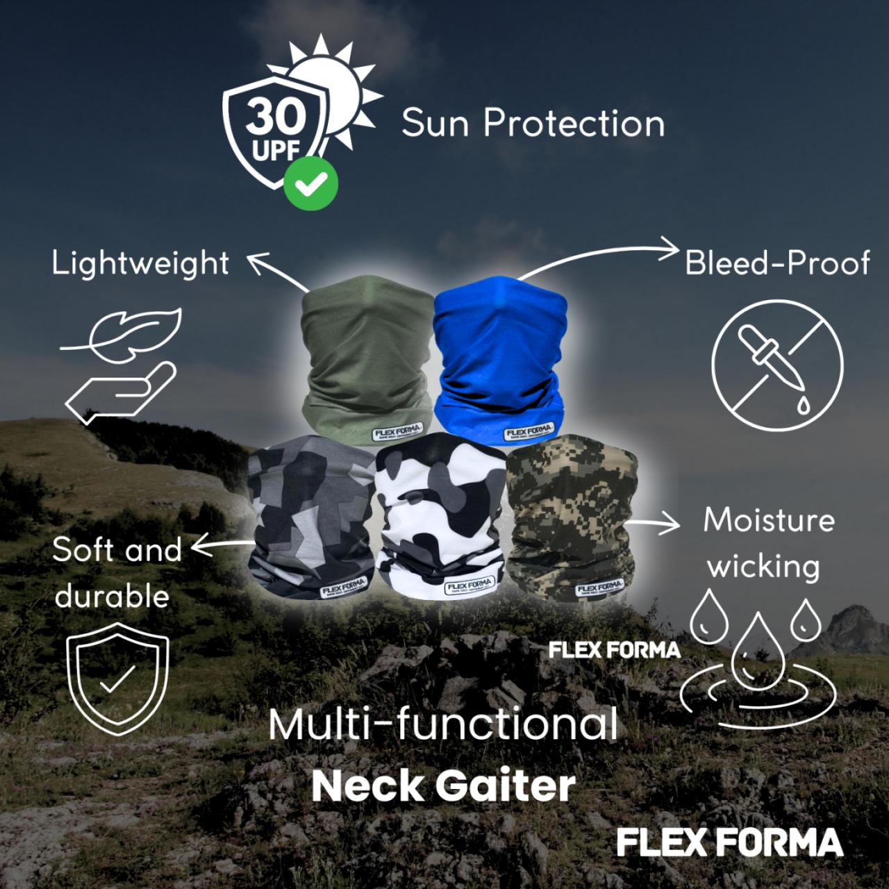 5Pack Dust Blocking Neck Gaiters (Camo+Plain)