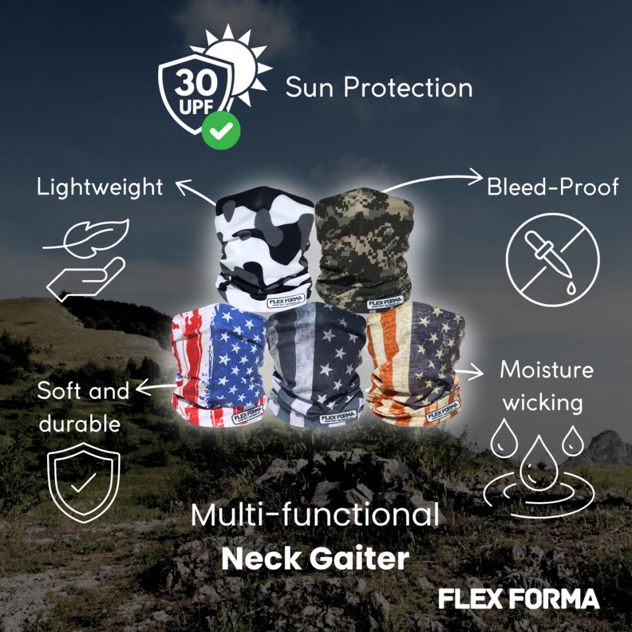 5Pack Dust Blocking Neck Gaiters (Patriotic+Camo)