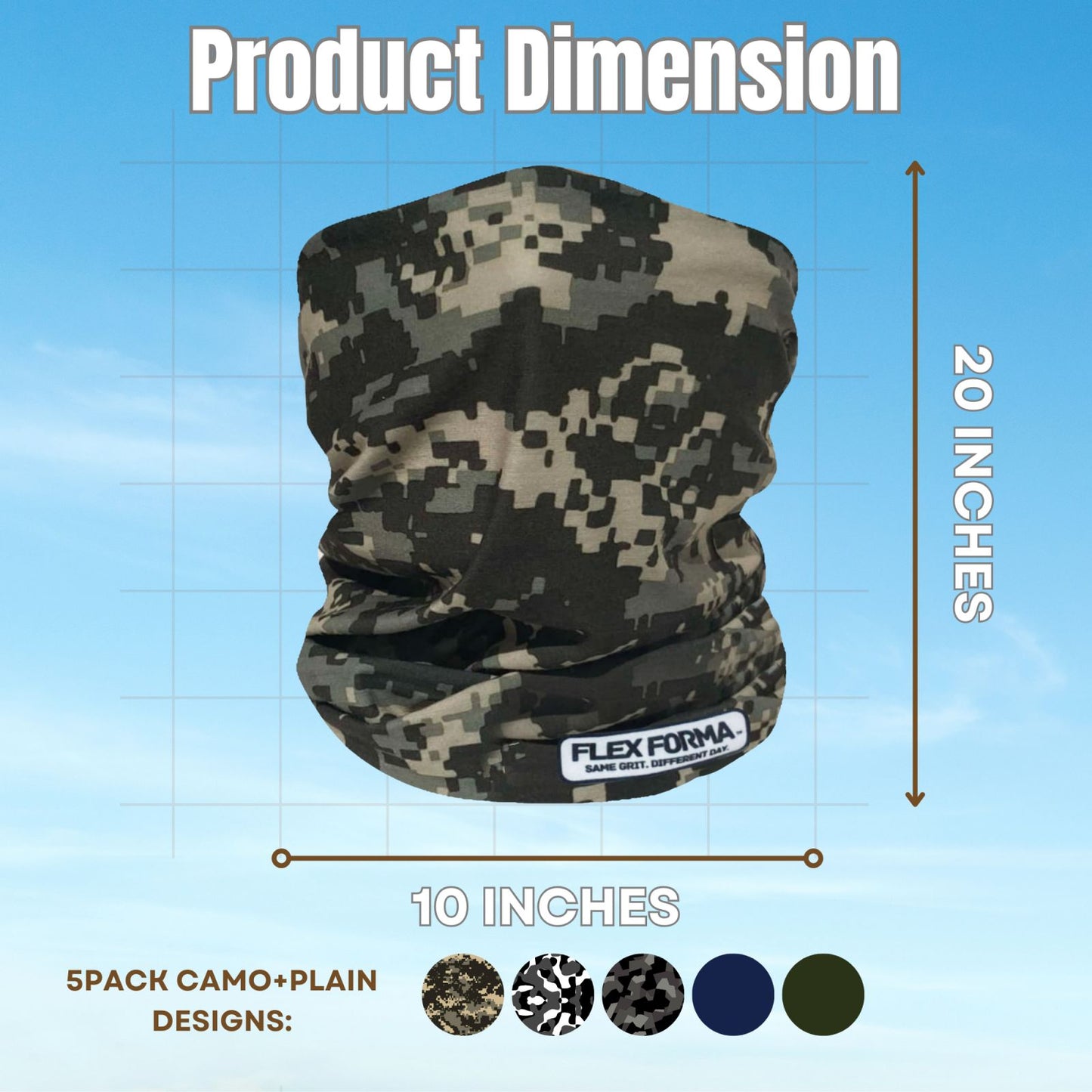 5Pack Dust Blocking Neck Gaiters (Camo+Plain)