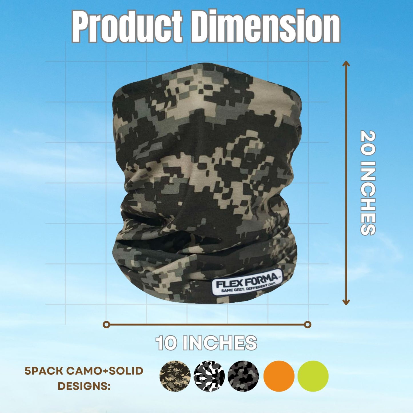 5Pack Dust Blocking Neck Gaiters (Camo+Solid)