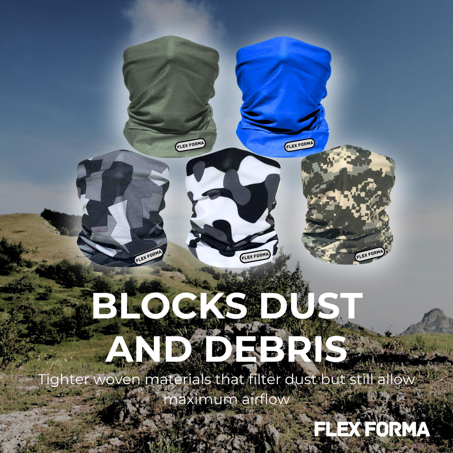 5Pack Dust Blocking Neck Gaiters (Camo+Plain)