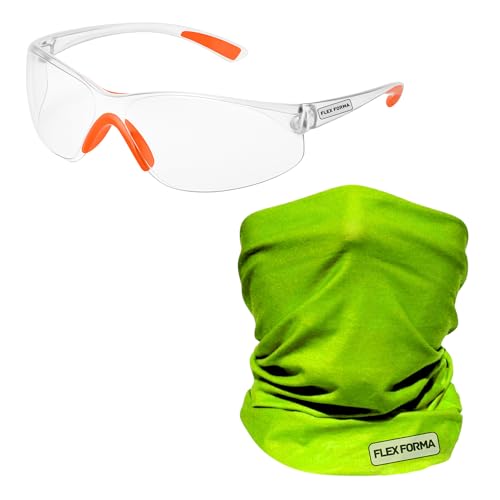 Clear Anti-Fog Safety Glasses + Neck Gaiter | Scratch & Impact Resistant Eyewear and Face Cover Bundle for Work & Outdoor (Light Green)