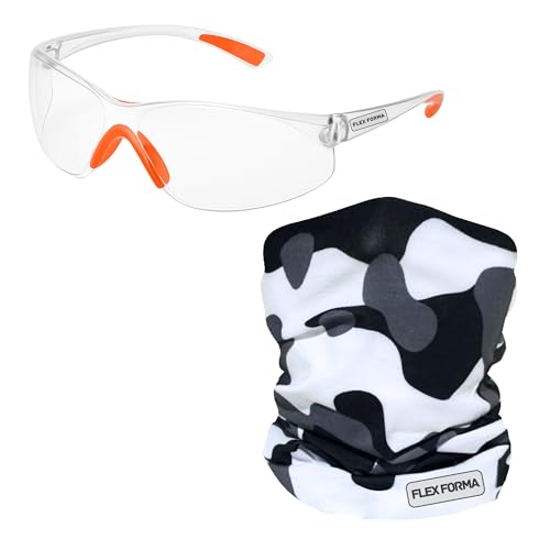 Clear Anti-Fog Safety Glasses + Neck Gaiter | Scratch & Impact Resistant Eyewear and Face Cover Bundle for Work & Outdoor (Camo Light Gray)