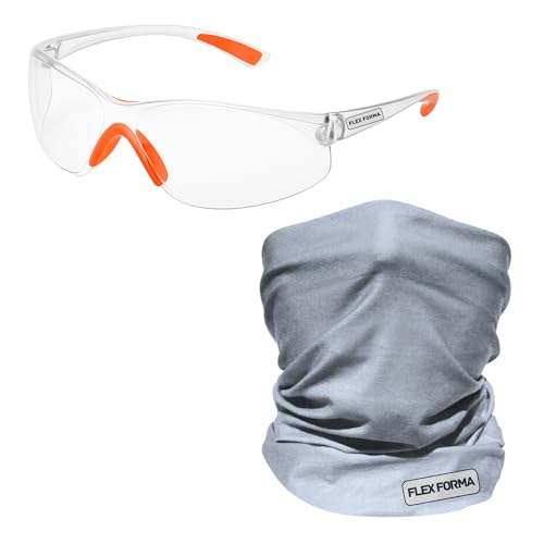 Clear Anti-Fog Safety Glasses + Neck Gaiter | Scratch & Impact Resistant Eyewear and Face Cover Bundle for Work & Outdoor (Gray)