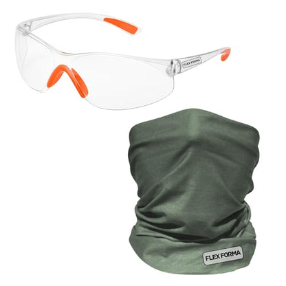 Clear Anti-Fog Safety Glasses + Neck Gaiter | Scratch & Impact Resistant Eyewear and Face Cover Bundle for Work & Outdoor (Dark Green)