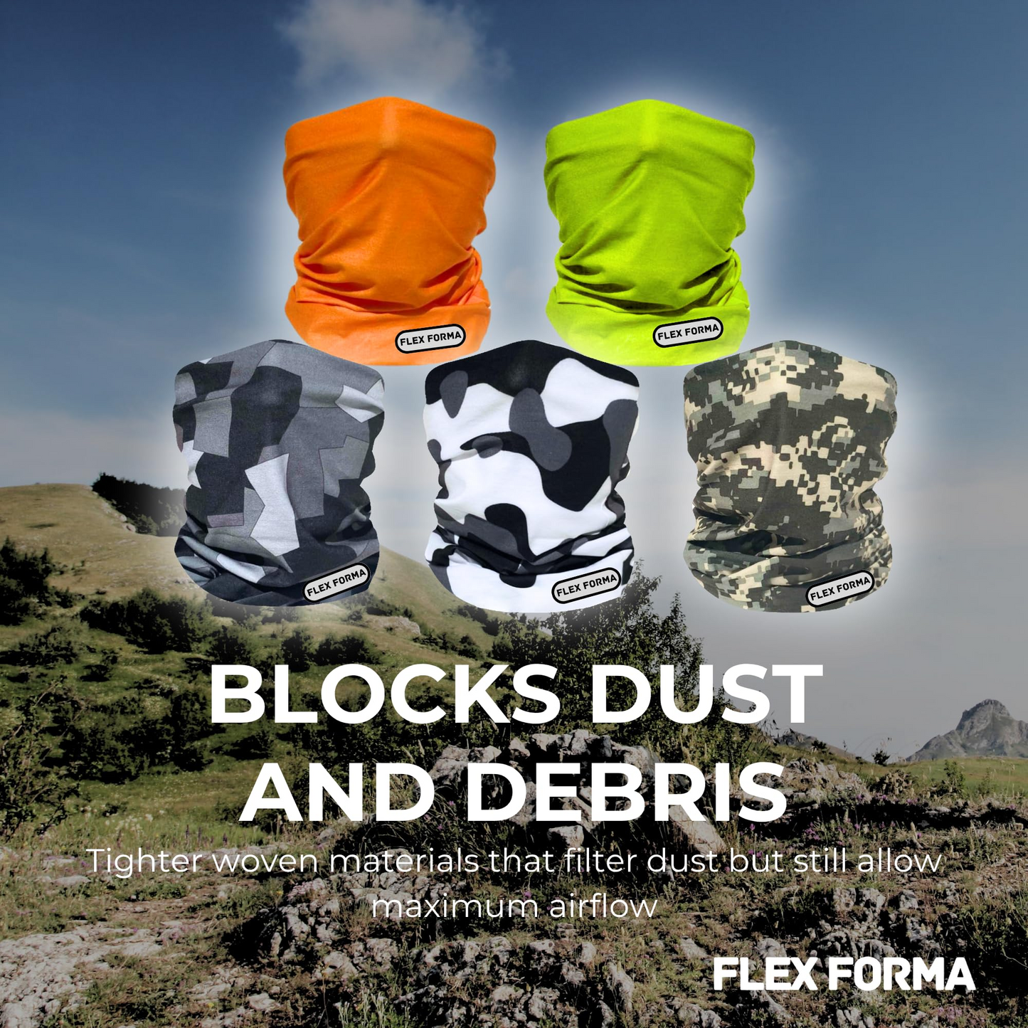 5Pack Dust Blocking Neck Gaiters (Camo+Solid)