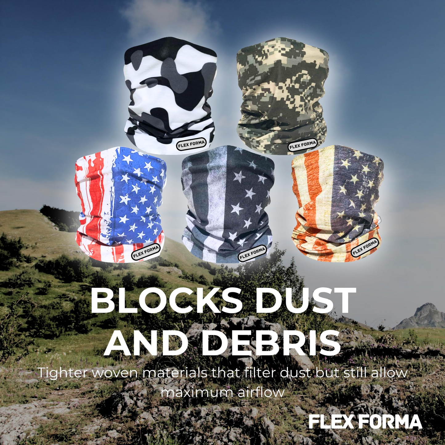 5Pack Dust Blocking Neck Gaiters (Patriotic+Camo)
