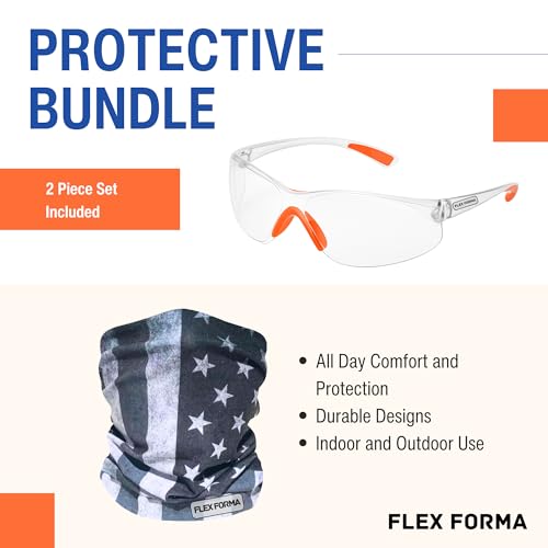 Clear Anti-Fog Safety Glasses + Neck Gaiter | Scratch & Impact Resistant Eyewear and Face Cover Bundle for Work & Outdoor (Patriotic Gray)