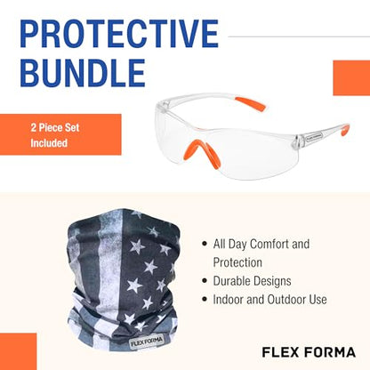Clear Anti-Fog Safety Glasses + Neck Gaiter | Scratch & Impact Resistant Eyewear and Face Cover Bundle for Work & Outdoor (Patriotic Gray)