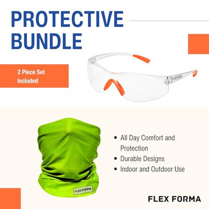 Clear Anti-Fog Safety Glasses + Neck Gaiter | Scratch & Impact Resistant Eyewear and Face Cover Bundle for Work & Outdoor (Light Green)