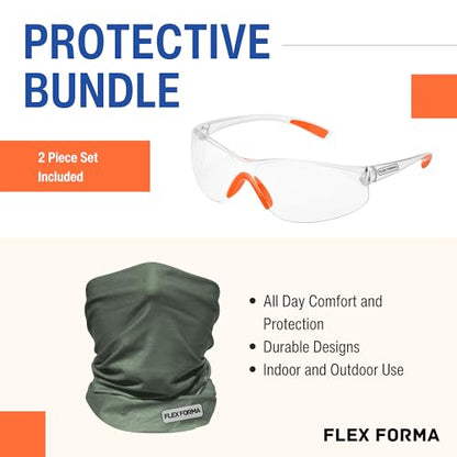 Clear Anti-Fog Safety Glasses + Neck Gaiter | Scratch & Impact Resistant Eyewear and Face Cover Bundle for Work & Outdoor (Dark Green)