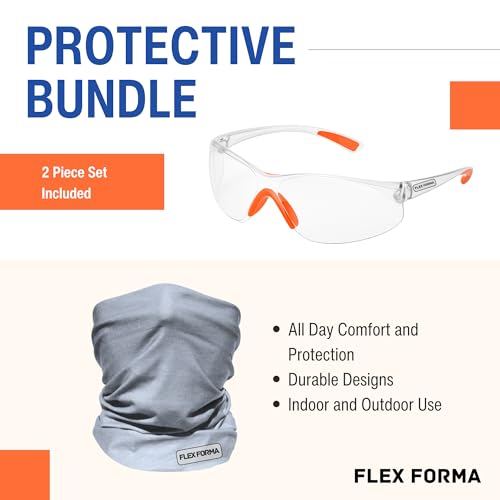 Clear Anti-Fog Safety Glasses + Neck Gaiter | Scratch & Impact Resistant Eyewear and Face Cover Bundle for Work & Outdoor (Gray)