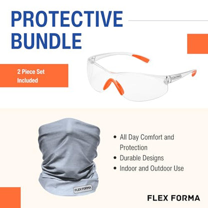 Clear Anti-Fog Safety Glasses + Neck Gaiter | Scratch & Impact Resistant Eyewear and Face Cover Bundle for Work & Outdoor (Gray)