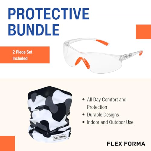 Clear Anti-Fog Safety Glasses + Neck Gaiter | Scratch & Impact Resistant Eyewear and Face Cover Bundle for Work & Outdoor (Camo Light Gray)