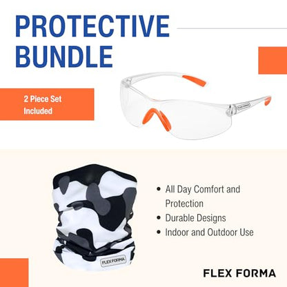 Clear Anti-Fog Safety Glasses + Neck Gaiter | Scratch & Impact Resistant Eyewear and Face Cover Bundle for Work & Outdoor (Camo Light Gray)