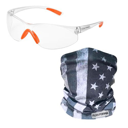 Clear Anti-Fog Safety Glasses + Neck Gaiter | Scratch & Impact Resistant Eyewear and Face Cover Bundle for Work & Outdoor (Patriotic Gray)