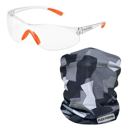 Clear Anti-Fog Safety Glasses + Neck Gaiter | Scratch & Impact Resistant Eyewear and Face Cover Bundle for Work & Outdoor (Camo Gray)