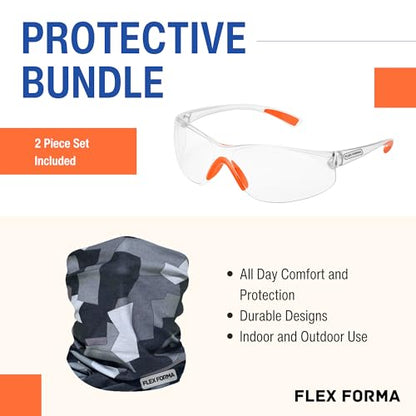Clear Anti-Fog Safety Glasses + Neck Gaiter | Scratch & Impact Resistant Eyewear and Face Cover Bundle for Work & Outdoor (Camo Gray)
