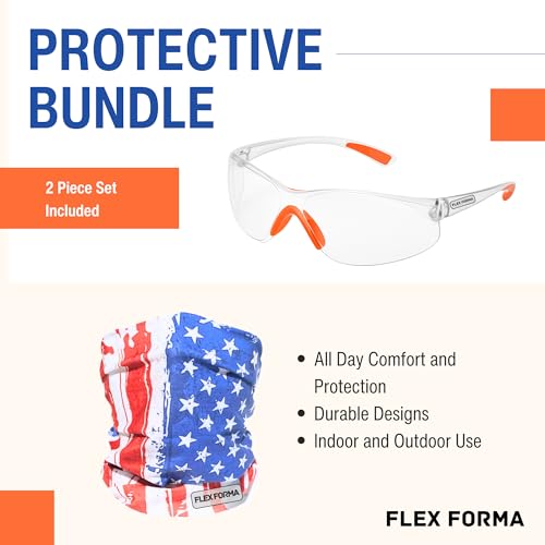 Clear Anti-Fog Safety Glasses + Neck Gaiter | Scratch & Impact Resistant Eyewear and Face Cover Bundle for Work & Outdoor (Patriotic Red)