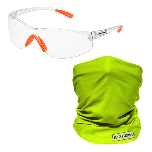 Clear Anti-Fog Safety Glasses + Neck Gaiter | Scratch & Impact Resistant Eyewear and Face Cover Bundle for Work & Outdoor (Yellow Green)
