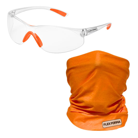 Clear Anti-Fog Safety Glasses + Neck Gaiter | Scratch & Impact Resistant Eyewear and Face Cover Bundle for Work & Outdoor (Orange)