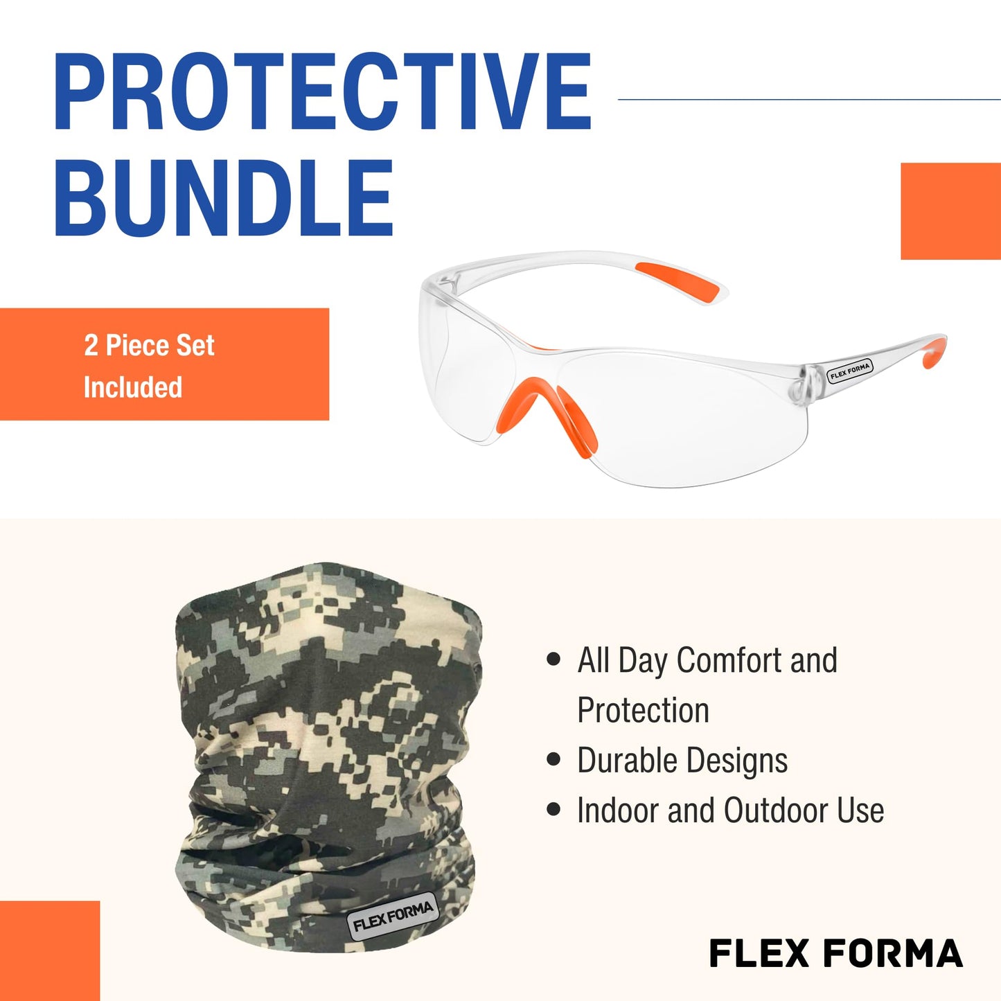 Clear Anti-Fog Safety Glasses + Neck Gaiter | Scratch & Impact Resistant Eyewear and Face Cover Bundle for Work & Outdoor (Camo Green)