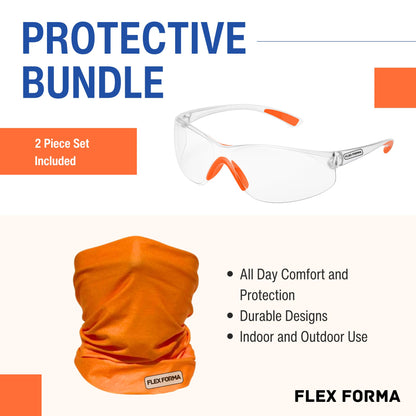 Clear Anti-Fog Safety Glasses + Neck Gaiter | Scratch & Impact Resistant Eyewear and Face Cover Bundle for Work & Outdoor (Orange)