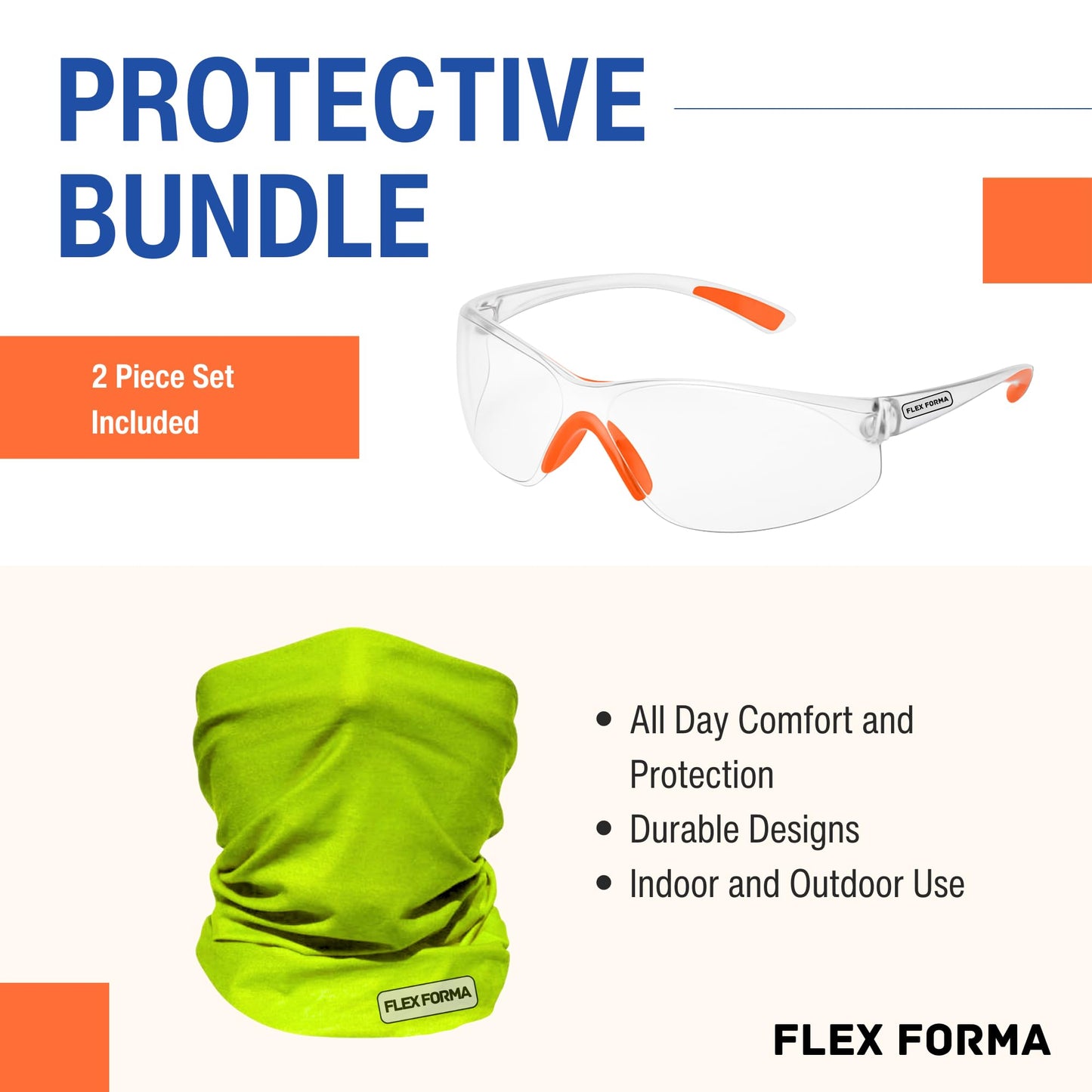 Clear Anti-Fog Safety Glasses + Neck Gaiter | Scratch & Impact Resistant Eyewear and Face Cover Bundle for Work & Outdoor (Yellow Green)