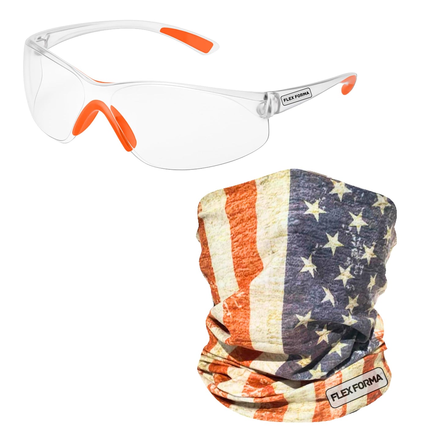 Clear Anti-Fog Safety Glasses + Neck Gaiter | Scratch & Impact Resistant Eyewear and Face Cover Bundle for Work & Outdoor (Patriotic Rustic)