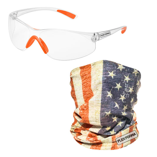 Clear Anti-Fog Safety Glasses + Neck Gaiter | Scratch & Impact Resistant Eyewear and Face Cover Bundle for Work & Outdoor (Patriotic Rustic)