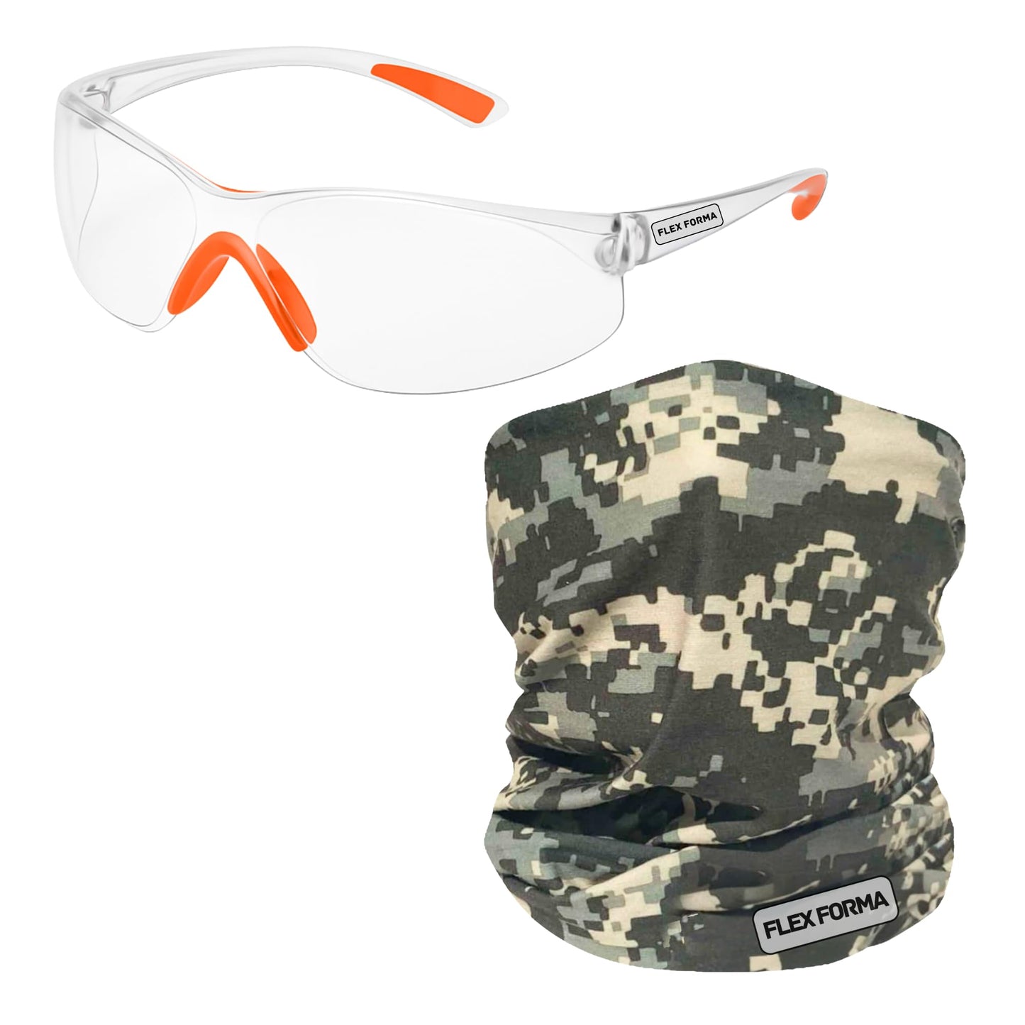 Clear Anti-Fog Safety Glasses + Neck Gaiter | Scratch & Impact Resistant Eyewear and Face Cover Bundle for Work & Outdoor (Camo Green)