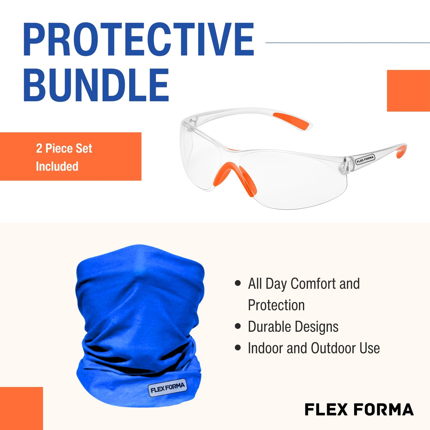 Clear Anti-Fog Safety Glasses + Neck Gaiter | Scratch & Impact Resistant Eyewear and Face Cover Bundle for Work & Outdoor (Navy Blue)