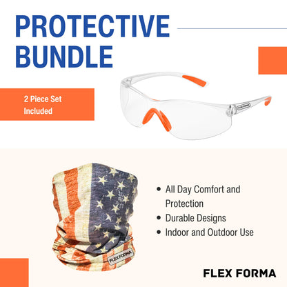 Clear Anti-Fog Safety Glasses + Neck Gaiter | Scratch & Impact Resistant Eyewear and Face Cover Bundle for Work & Outdoor (Patriotic Rustic)